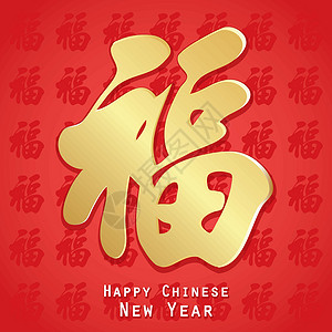 钱书法素材中国新年快乐书法与福字意味着身体健康和财富 Vecto插画