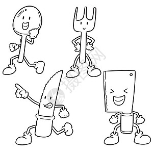 一套勺叉和刀卡通漫画绘画艺术工具用具厨具午餐卡通片插图厨房插画
