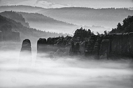 岩石和雾岩石山顶的奇妙日出 风向进入迷雾谷地石头游客童话边界森林气氛边缘地面黑白照片照片背景