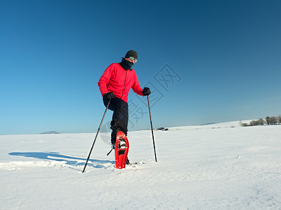 冬季观光者带着雪鞋在雪中行走漂移成年人天气围巾雪裤曲目登山杖跨步装备鞋子冒险高清图片素材