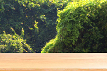 空前钜惠空木桌地板上模糊的树自然绿色森林背景 木桌板空前模糊树 木板坯与透视棕色木桌 用于模拟展示产品晴天太阳天空花园柜台全景阳光木板甲背景
