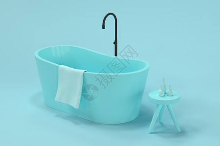 浴缸卡通卡通浴缸与蓝色 background3d 渲染住宅沐浴露优雅青色卫生草图插图毛巾白色龙头背景