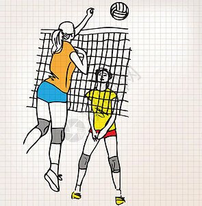 素材网素描女孩打排球素描它制作图案行动游戏插图分数笔记本排球锦标赛团队工作簿运动员插画