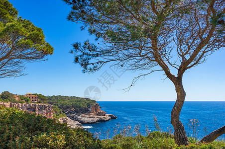 马略卡岛田园诗般的海岸景观 西班牙地中海 Santanyi 海滨美丽的岛屿风光背景