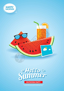 果汁海报设计你好夏天卡片横幅用西瓜和橙汁 pape插图橙子时间派对旅游销售邀请函假期乐趣热带插画