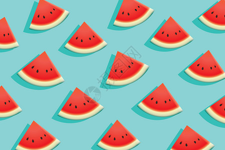 蓝色背景上的西瓜片 夏季时间设计横幅艺术装饰品墙纸饮食种子水果插图食物热带甜点背景图片