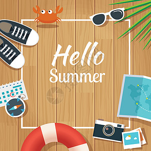 夏季旅游模板与木制背景热带墙纸季节卡片派对旅行假期刻字标签海星背景图片