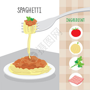 培根意大利面一套传统的意大利食品意大利肉酱意大利面配番茄酱 卡通矢量插画