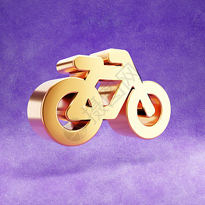 自行车图标 紫色天鹅绒背景上孤立的金色光泽自行车符号背景图片
