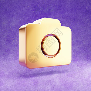 照片相机图标 紫色天鹅绒背景上孤立的金色光泽相机符号黄色抛光插图社会3d橙子金子光泽度背景图片