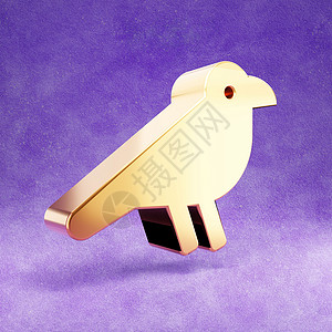 鸟图标 紫色天鹅绒背景上孤立的金色光泽乌鸦鸟符号背景图片