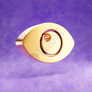 眼睛图标 紫色天鹅绒背景上孤立的金色光泽眼睛符号背景图片