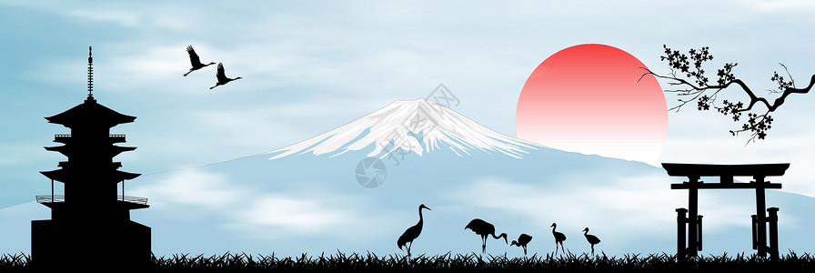 日本浅草清晨在日本富士山插画