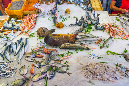 海产食品和鱼在市场上的市场肉高清图片素材