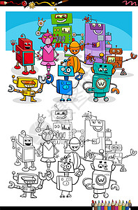 黑与白漫画机器人幻想人物涂色书页的字符插画