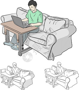 男人工作或学习用笔记本电脑在活生生的公鸡灰色沙发上背景图片