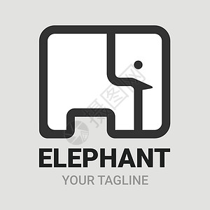 大象与样式大象方形标志 图标 符号或徽章模板 摘要线性样式设计矢量 动物逻辑型概念 灰色背景上的黑白版与黑白版隔绝插画