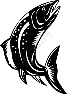 黑白两极现场游虎鱼跳跃打印蚀刻插图木块雕刻艺术品油毡黑与白鳟鱼模版背景图片