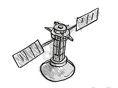 卡通太空虚拟空间方案或卫星卡通回溯式绘图勘探天文学卡通片风格黑与白阴影手绘半色艺术品调点背景