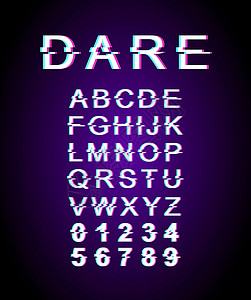 挑战自我字体敢于故障字体模板 复古未来派风格矢量字母表设置在紫色背景上 大写字母 数字和符号 具有失真效果的鼓舞人心的挑战字体设计设计图片