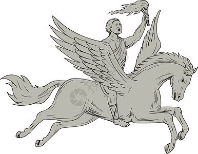 阿尼马斯贝尔罗蓬赖伊德佩加索斯持有火炬绘图刮板翅膀艺术品插图神话草图小马手绘火焰墨水插画