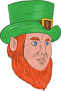 Leprechaun 首脑三季度视图绘图手工男性胡子帽子画线插图刮板男人绿色墨水设计图片
