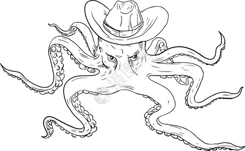 戴牛仔帽的章鱼画黑与白触手牛仔帽子绘画背景图片
