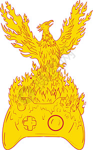 火热招商中凤凰在游戏控制者绘图中上升的烈火火焰手绘刮板手工画线控制器神话插图草图航班艺术品设计图片