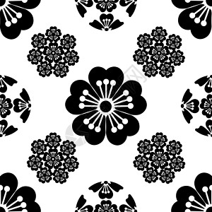 染井吉野樱花无缝的丝状花朵 日本符号 白底黑色 孤立 矢量图解插画