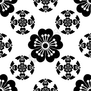 染井吉野樱花无缝丝状板化花朵 象征春天的到来 日本符号 白底黑色 孤立 矢量插图插画