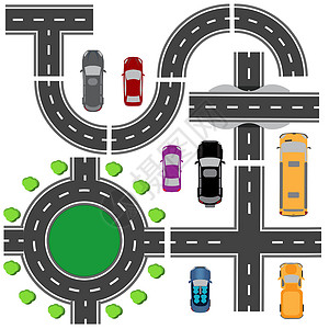 动画街道素材用于设计交通路口的道路集 各种道路的交汇处 环形交叉路循环 运输 插图设计图片