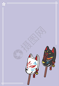 日本传统Kitsune Fox面具 有紫色背景和复制空间 卡框妖怪艺术卡通片神道上帝神话动物文化生物精神亚洲高清图片素材