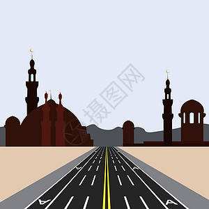 麦加大清真寺地平线上的东部城市 有标记的直达公路 公共交通插图专用车道设计图片