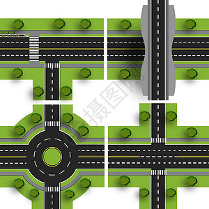 动画街道素材设置运输枢纽 不同道路的交叉点 环绕环流 带有阴影的物体 插图设计图片