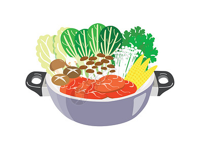 牛肉锅白色背景中带蔬菜和肉的火锅菜单猪肉美食插图牛肉烹饪炙烤盘子玉米食物插画