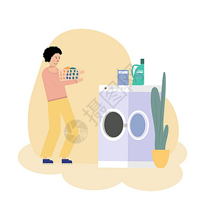电器手机端模板Boy用洗衣机洗衣服的插图背景
