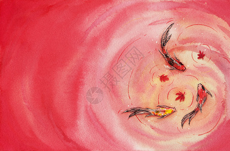 锦鲤手绘美丽而色彩鲜艳的锦鲤鱼和五颜六色的枫叶在落叶的游泳池中 水彩手绘 好运和繁荣的象征 秋天的风景背景