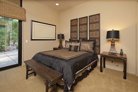 豪华房内小卧室室内建筑学绘画床头柜艺术设计黑色家具白色桌子茶几背景图片