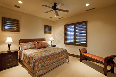 豪华房内小卧室室内床头柜百叶窗设计茶几建筑学褐色地毯窗户绘画奢华背景图片