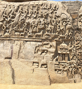 泰米尔纳德邦马哈巴利普拉姆帮派的后裔艺术品雕塑上帝寺庙艺术遗产废墟建筑学历史宗教背景图片