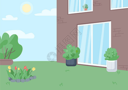 空后院平板颜色矢量插图建筑后院信息财产植物花园别墅横幅住宅花坛插画