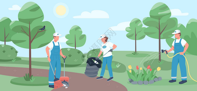 公园清洁工社区工作平板彩色矢量说明图表环境工人信息公园职业民众香椿插图海报插画