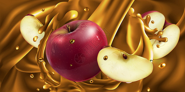红苹果水果果汁中的整个和切片的红苹果设计图片