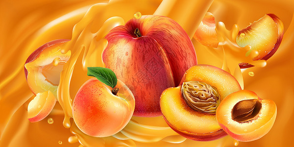 未成熟的杏子整个和切片的桃子和杏子果汁设计图片