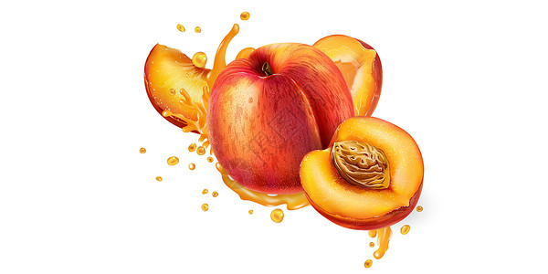 桃子果汁整片桃子和果汁的花朵健康菜单营养味道咖啡店食谱飞溅插图液体维生素设计图片