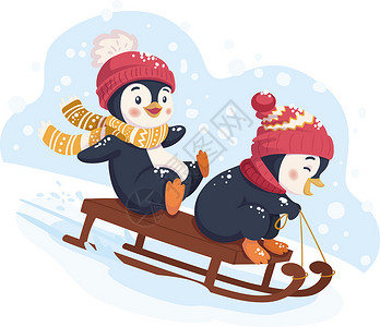 有趣的企鹅雪橇婴儿闲暇孩子们乐趣动物背景图片