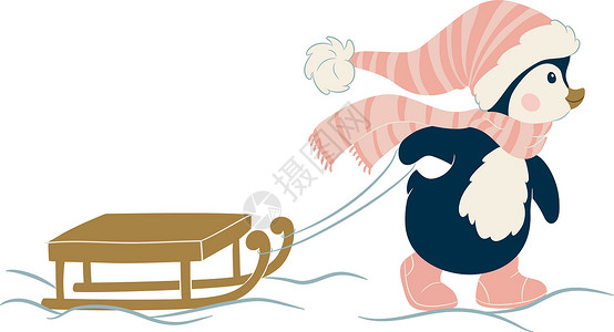 圣诞可爱企鹅动物插图卡通片雪橇婴儿背景图片