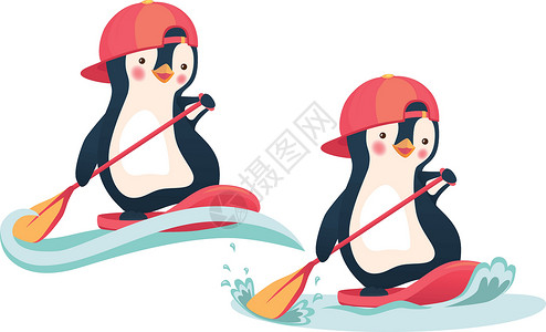 冲浪企鹅企鹅在SUP板上漂浮插图婴儿卡通片桨板木板冲浪板标识闲暇冒险冲浪插画