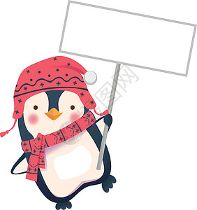 企鹅持有标志牌围巾婴儿动物卡通片帽子横幅背景图片