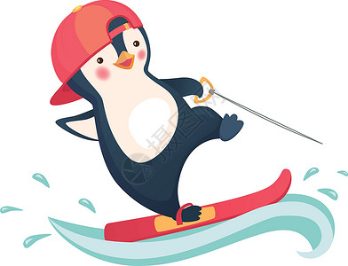 企鹅水滑雪运动孩子乐趣海浪滑水板背景图片